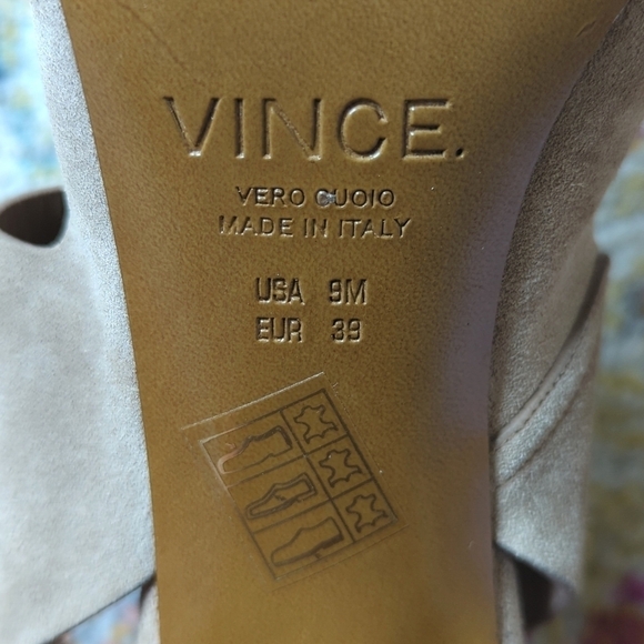 Vince Farrah Suede Leather Criss Cross Open Toe Stacked Block Heel Sandals Tan 9 - Picture 14 of 15